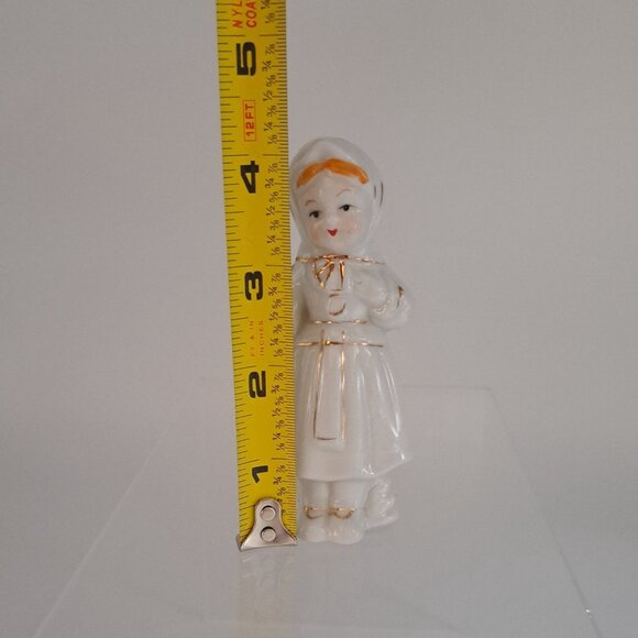 Luster Girl with Bonnet Figurine Vintage Ceramic White With Gold Accents - Picture 3 of 8